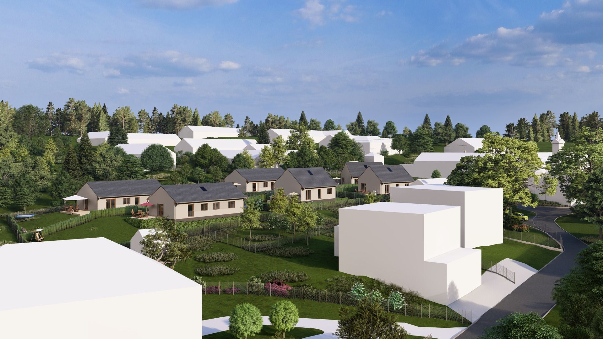 Vizualizace areálu — bungalovy v zeleni